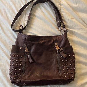 B. Makowsky Studded Brown Leather Shoulder Bag